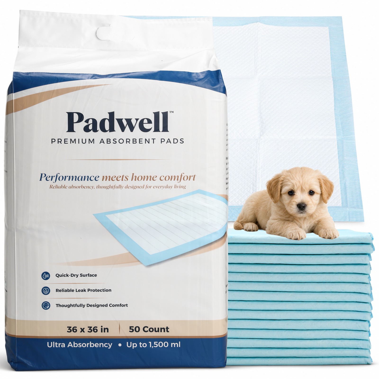Padwell premium absorbent pads 50-count pack with puppy resting on a stack of pads